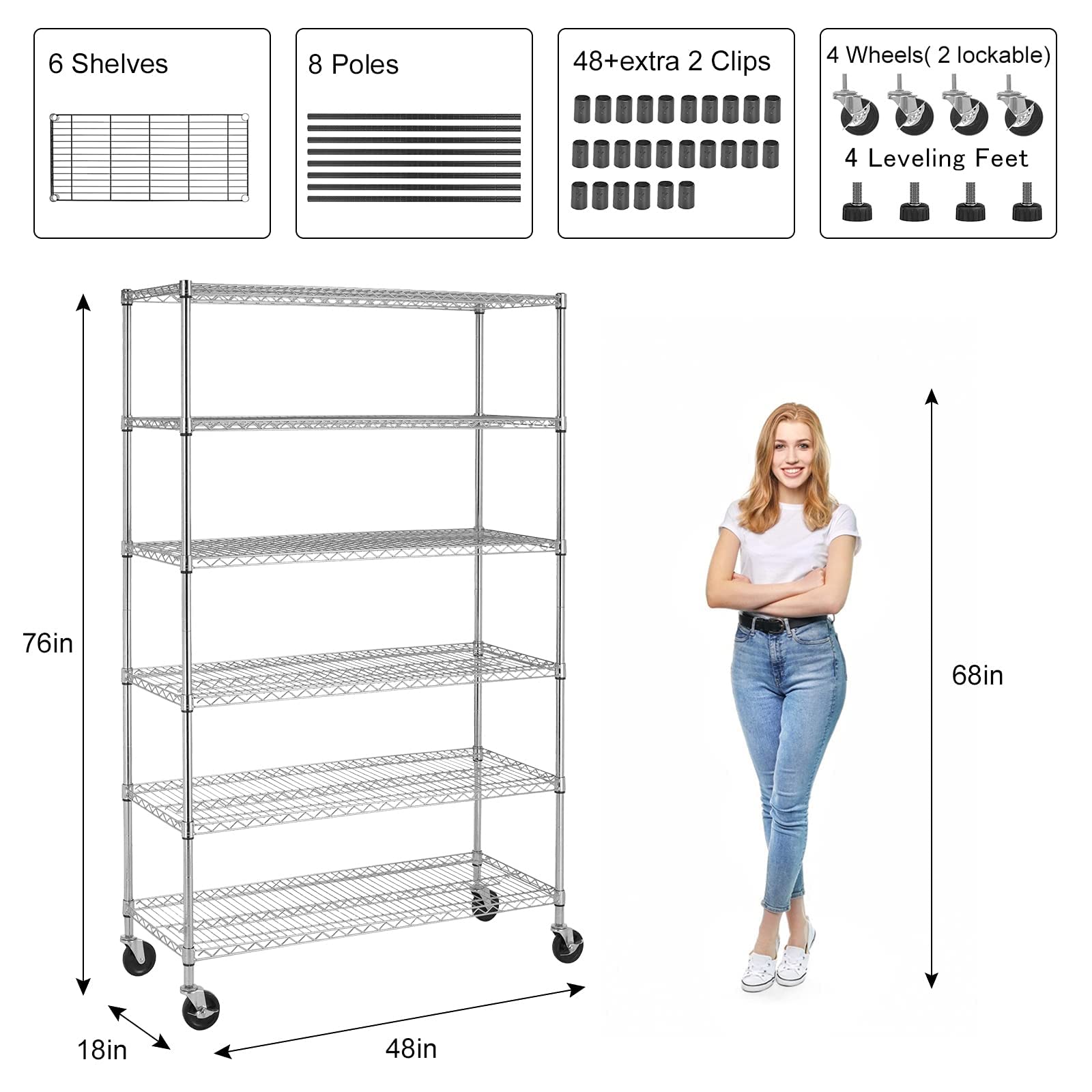 YYkokocat Heavy Duty 6 Tier Shelving Unit Adjustable 6000Lbs Capacity Steel Storage Rack 18" x 48 x 76 Mobile Shelves Wire Shelf Silver Rolling Utility Cart for Pantry Garage Kitchen, Chrome