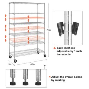 YYkokocat Heavy Duty 6 Tier Shelving Unit Adjustable 6000Lbs Capacity Steel Storage Rack 18" x 48 x 76 Mobile Shelves Wire Shelf Silver Rolling Utility Cart for Pantry Garage Kitchen, Chrome