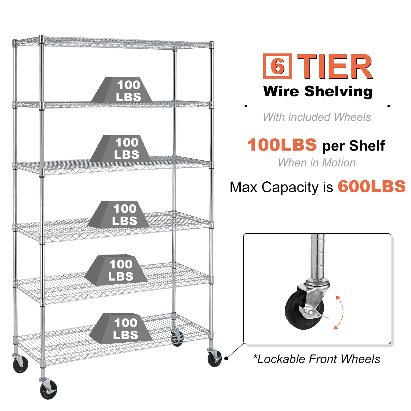 YYkokocat Heavy Duty 6 Tier Shelving Unit Adjustable 6000Lbs Capacity Steel Storage Rack 18" x 48 x 76 Mobile Shelves Wire Shelf Silver Rolling Utility Cart for Pantry Garage Kitchen, Chrome