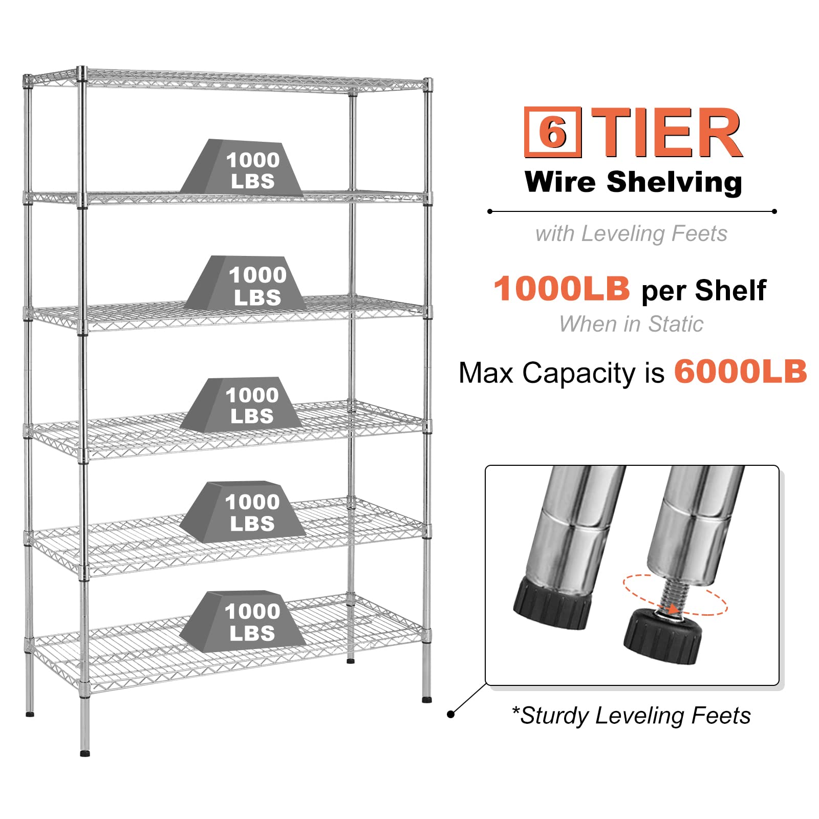 YYkokocat Heavy Duty 6 Tier Shelving Unit Adjustable 6000Lbs Capacity Steel Storage Rack 18" x 48 x 76 Mobile Shelves Wire Shelf Silver Rolling Utility Cart for Pantry Garage Kitchen, Chrome