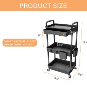 3 Tier Rolling Utility Cart with Drawer,REBECAT Utility Cart Made of Multifunctional Storage Organizer Tool for Kitchen,Bathroom,Living Room,Office(Black)