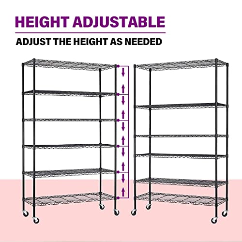 FDW 48"L×18"W×82"H Wire Shelving Unit Storage Cart Metal Shelf Rolling Utility Cart 2100Lbs Capacity with 6 Tier Casters Adjustable Layer Rack Strong Steel for Restaurant Garage Pantry Kitchen,Black