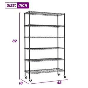 FDW 48"L×18"W×82"H Wire Shelving Unit Storage Cart Metal Shelf Rolling Utility Cart 2100Lbs Capacity with 6 Tier Casters Adjustable Layer Rack Strong Steel for Restaurant Garage Pantry Kitchen,Black