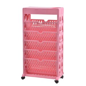 yaylaip rolling bookshelf cart,6-tier large capacity,on wheels moveable office desk file bookshelf organizer,with wheel multilayer rotatable,mobile portable removable plastic practical rolling（pink