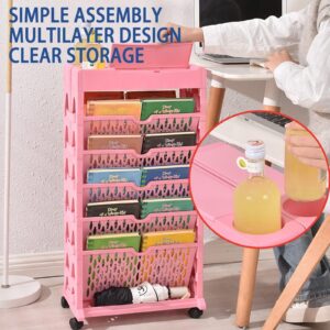 YAYLAIP Rolling Bookshelf Cart,6-Tier Large Capacity,on Wheels Moveable Office Desk File Bookshelf Organizer,with Wheel Multilayer Rotatable,Mobile Portable Removable Plastic Practical Rolling（Pink
