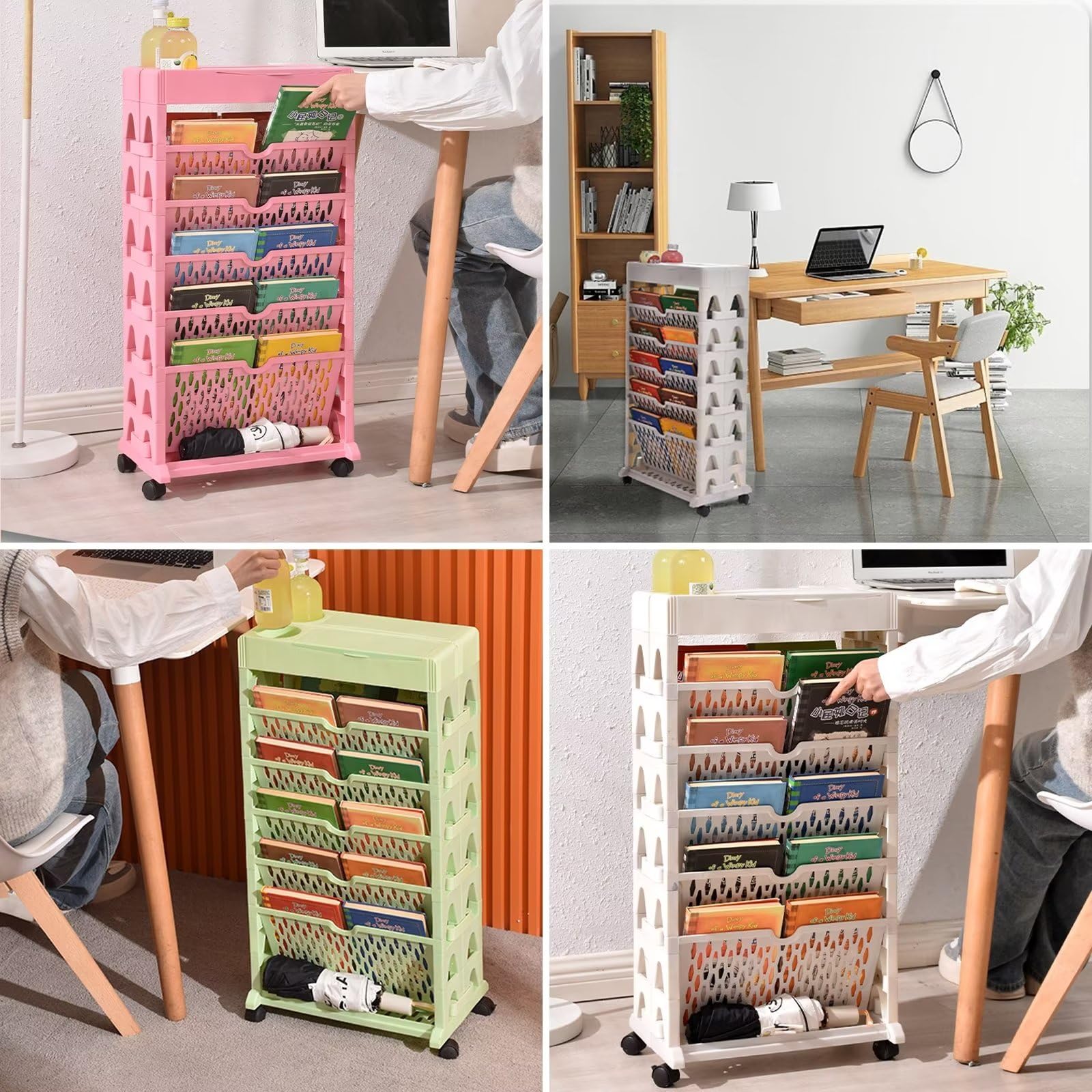 YAYLAIP Rolling Bookshelf Cart,6-Tier Large Capacity,on Wheels Moveable Office Desk File Bookshelf Organizer,with Wheel Multilayer Rotatable,Mobile Portable Removable Plastic Practical Rolling（Pink