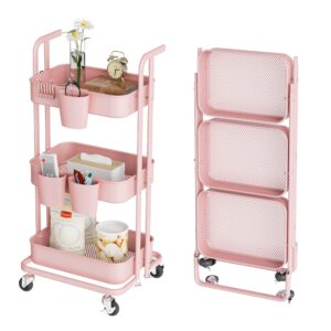 dtk 3 tier foldable rolling cart, metal utility cart with lockable wheels, folding storage trolley for living room, kitchen, bathroom, bedroom and office, pink