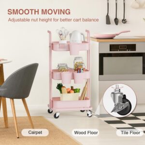 DTK 3 Tier Foldable Rolling Cart, Metal Utility Cart with Lockable Wheels, Folding Storage Trolley for Living Room, Kitchen, Bathroom, Bedroom and Office, Pink
