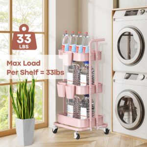 DTK 3 Tier Foldable Rolling Cart, Metal Utility Cart with Lockable Wheels, Folding Storage Trolley for Living Room, Kitchen, Bathroom, Bedroom and Office, Pink