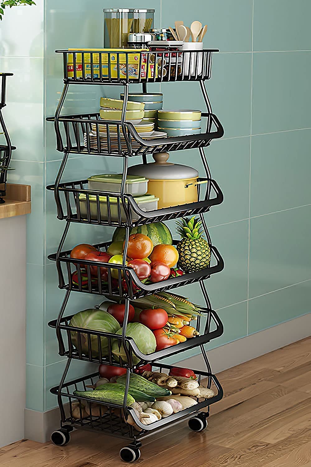 Kitchen Metal Storage Basket with Wheels Stackable Wire Utility Rolling Cart Vegetable Fruit Baskets Rack for Pantry,Potato,Onions,Beverages Storage(6 Tiers)