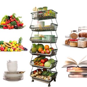 Kitchen Metal Storage Basket with Wheels Stackable Wire Utility Rolling Cart Vegetable Fruit Baskets Rack for Pantry,Potato,Onions,Beverages Storage(6 Tiers)