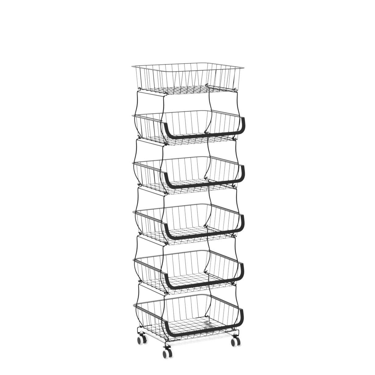 Kitchen Metal Storage Basket with Wheels Stackable Wire Utility Rolling Cart Vegetable Fruit Baskets Rack for Pantry,Potato,Onions,Beverages Storage(6 Tiers)