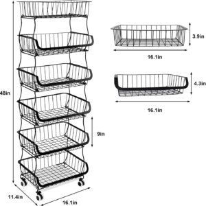 Kitchen Metal Storage Basket with Wheels Stackable Wire Utility Rolling Cart Vegetable Fruit Baskets Rack for Pantry,Potato,Onions,Beverages Storage(6 Tiers)