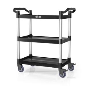 tuffiom 3-tier plastic service utility cart with wheels, heavy duty 390lbs capacity, commercial rolling ideal for restaurant, foodservice, office, warehouse, black 34.8''l x 17.4''w x 38.6''h