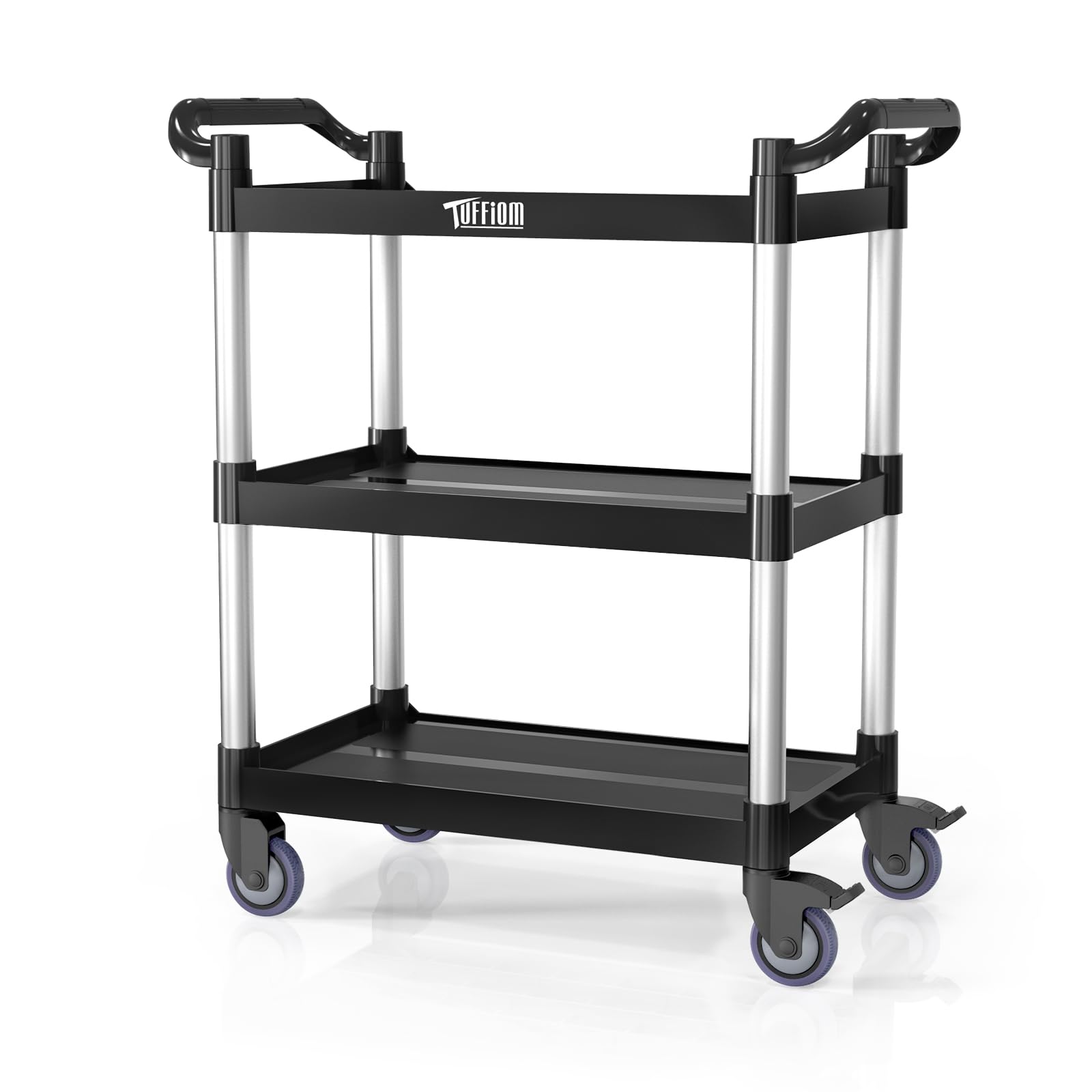 TUFFIOM 3-Tier Plastic Service Utility Cart with Wheels, Heavy Duty 390lbs Capacity, Commercial Rolling Ideal for Restaurant, Foodservice, Office, Warehouse, Black 34.8''L x 17.4''W x 38.6''H