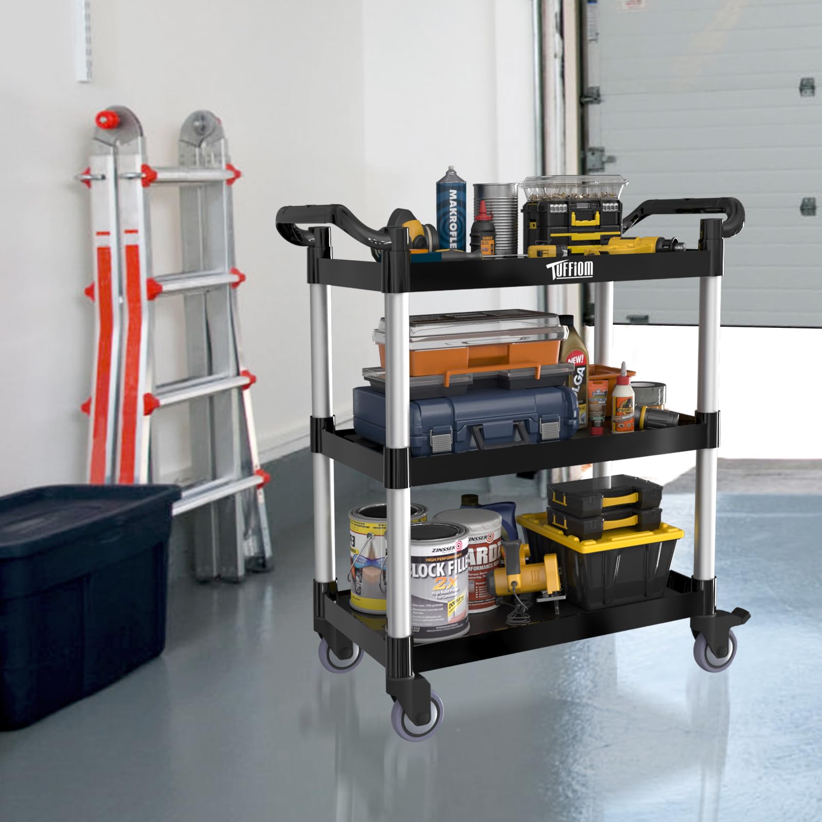 TUFFIOM 3-Tier Plastic Service Utility Cart with Wheels, Heavy Duty 390lbs Capacity, Commercial Rolling Ideal for Restaurant, Foodservice, Office, Warehouse, Black 34.8''L x 17.4''W x 38.6''H