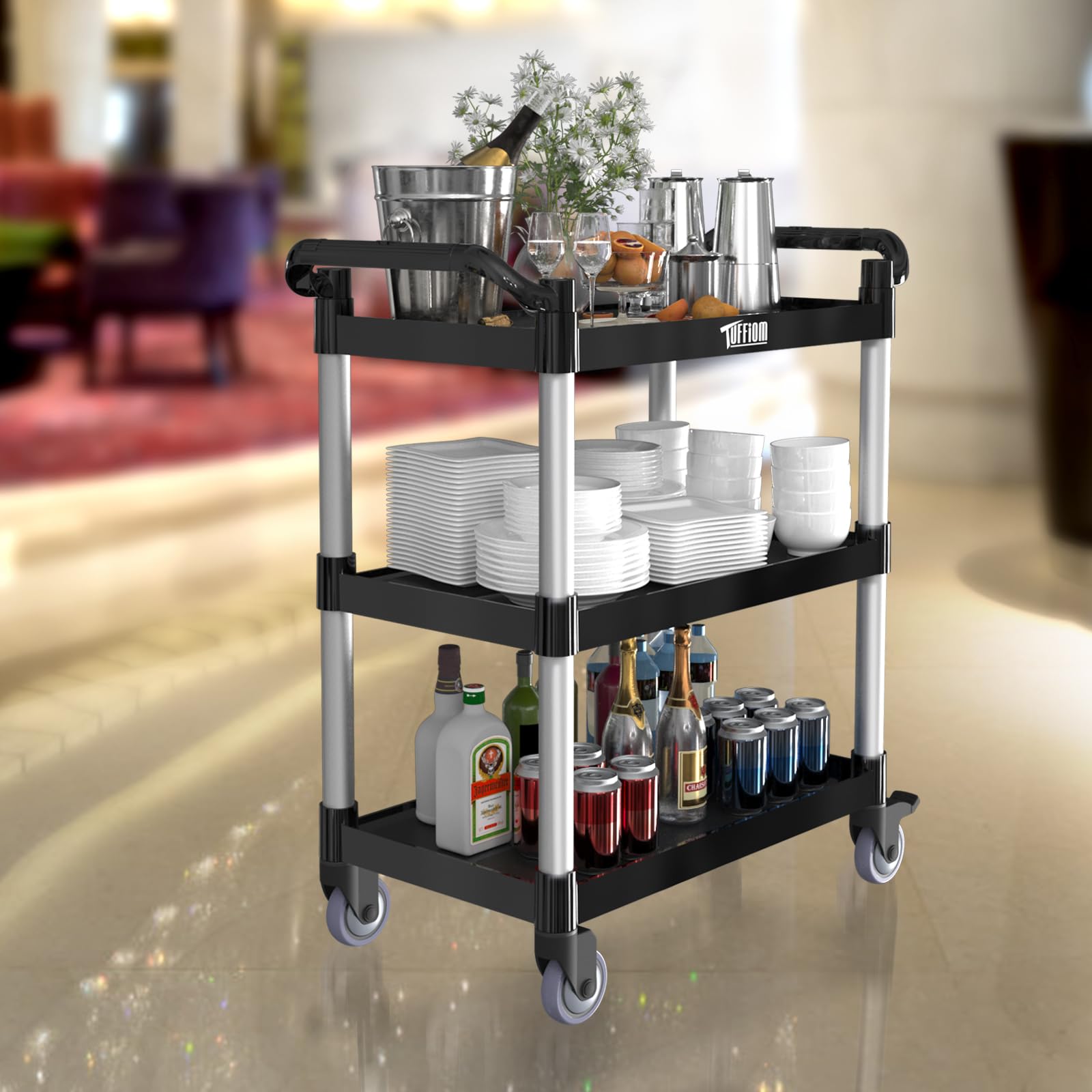 TUFFIOM 3-Tier Plastic Service Utility Cart with Wheels, Heavy Duty 390lbs Capacity, Commercial Rolling Ideal for Restaurant, Foodservice, Office, Warehouse, Black 34.8''L x 17.4''W x 38.6''H