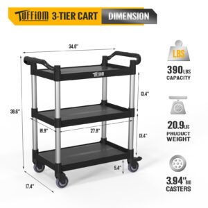 TUFFIOM 3-Tier Plastic Service Utility Cart with Wheels, Heavy Duty 390lbs Capacity, Commercial Rolling Ideal for Restaurant, Foodservice, Office, Warehouse, Black 34.8''L x 17.4''W x 38.6''H