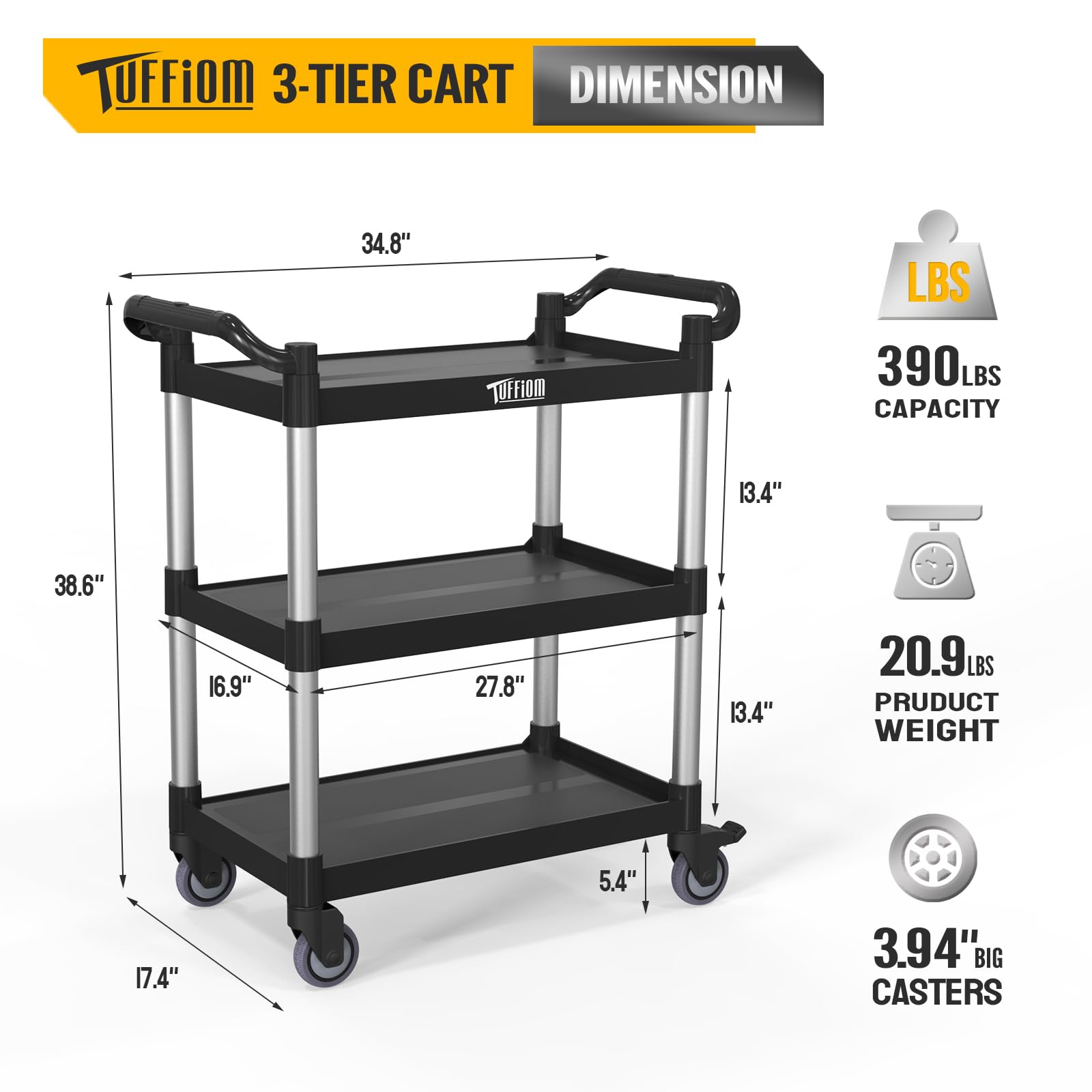 TUFFIOM 3-Tier Plastic Service Utility Cart with Wheels, Heavy Duty 390lbs Capacity, Commercial Rolling Ideal for Restaurant, Foodservice, Office, Warehouse, Black 34.8''L x 17.4''W x 38.6''H