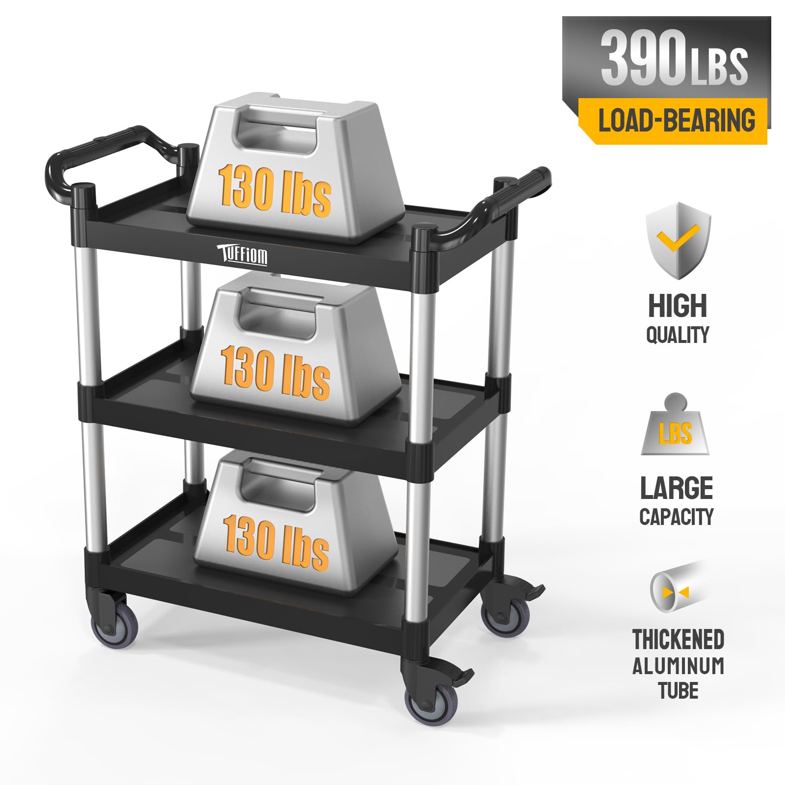 TUFFIOM 3-Tier Plastic Service Utility Cart with Wheels, Heavy Duty 390lbs Capacity, Commercial Rolling Ideal for Restaurant, Foodservice, Office, Warehouse, Black 34.8''L x 17.4''W x 38.6''H