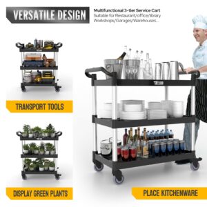 TUFFIOM 3-Tier Plastic Service Utility Cart with Wheels, Heavy Duty 390lbs Capacity, Commercial Rolling Ideal for Restaurant, Foodservice, Office, Warehouse, Black 34.8''L x 17.4''W x 38.6''H