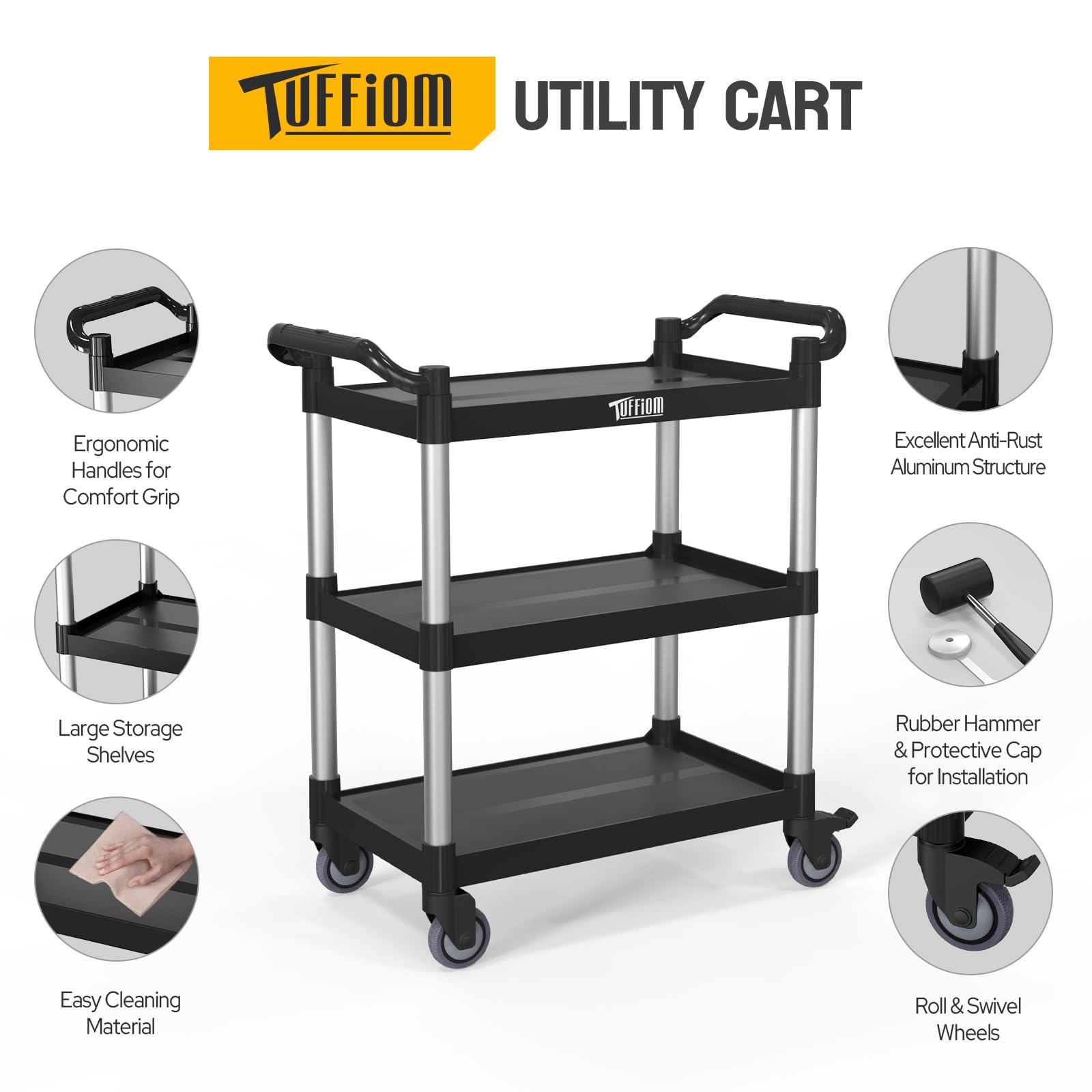 TUFFIOM 3-Tier Plastic Service Utility Cart with Wheels, Heavy Duty 390lbs Capacity, Commercial Rolling Ideal for Restaurant, Foodservice, Office, Warehouse, Black 34.8''L x 17.4''W x 38.6''H