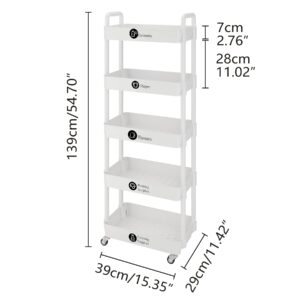 UDEAR 5-Tier Rolling Utility Cart with 12 Category Labels,Multifunctional Storage Shelves with Handle and Lockable Wheels for Room,Office,Kitchen,Bathroom,White