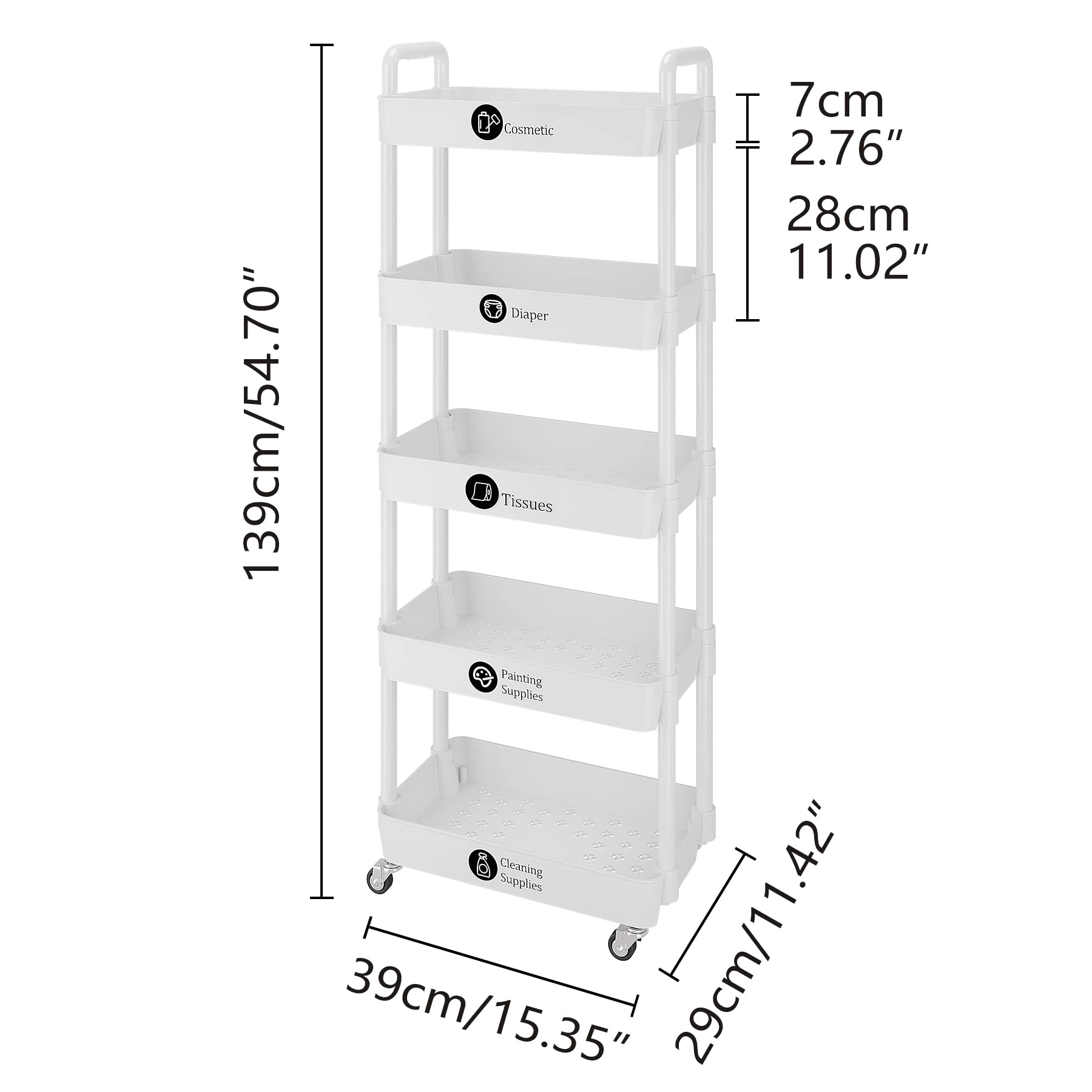 UDEAR 5-Tier Rolling Utility Cart with 12 Category Labels,Multifunctional Storage Shelves with Handle and Lockable Wheels for Room,Office,Kitchen,Bathroom,White