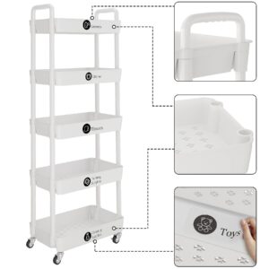 UDEAR 5-Tier Rolling Utility Cart with 12 Category Labels,Multifunctional Storage Shelves with Handle and Lockable Wheels for Room,Office,Kitchen,Bathroom,White