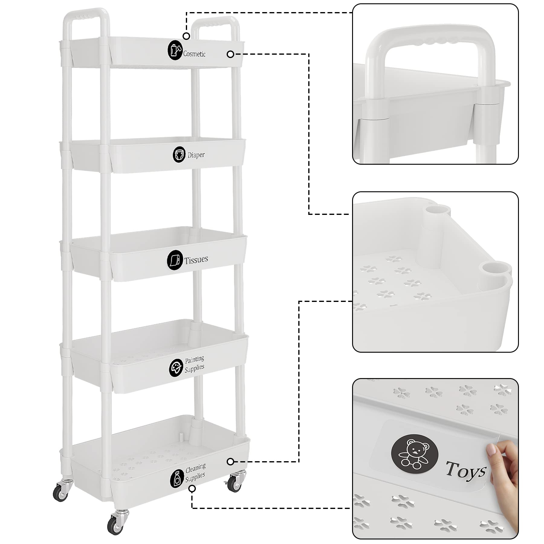 UDEAR 5-Tier Rolling Utility Cart with 12 Category Labels,Multifunctional Storage Shelves with Handle and Lockable Wheels for Room,Office,Kitchen,Bathroom,White