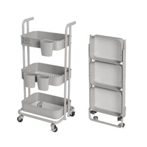 Merapi 3 Tier Foldable Rolling Cart, Metal Utility Cart with Wheels, 3 Hanging Cups and 6 Hooks, Folding Trolley for Living Room, Kitchen, Bathroom, Bedroom and Office, Gray