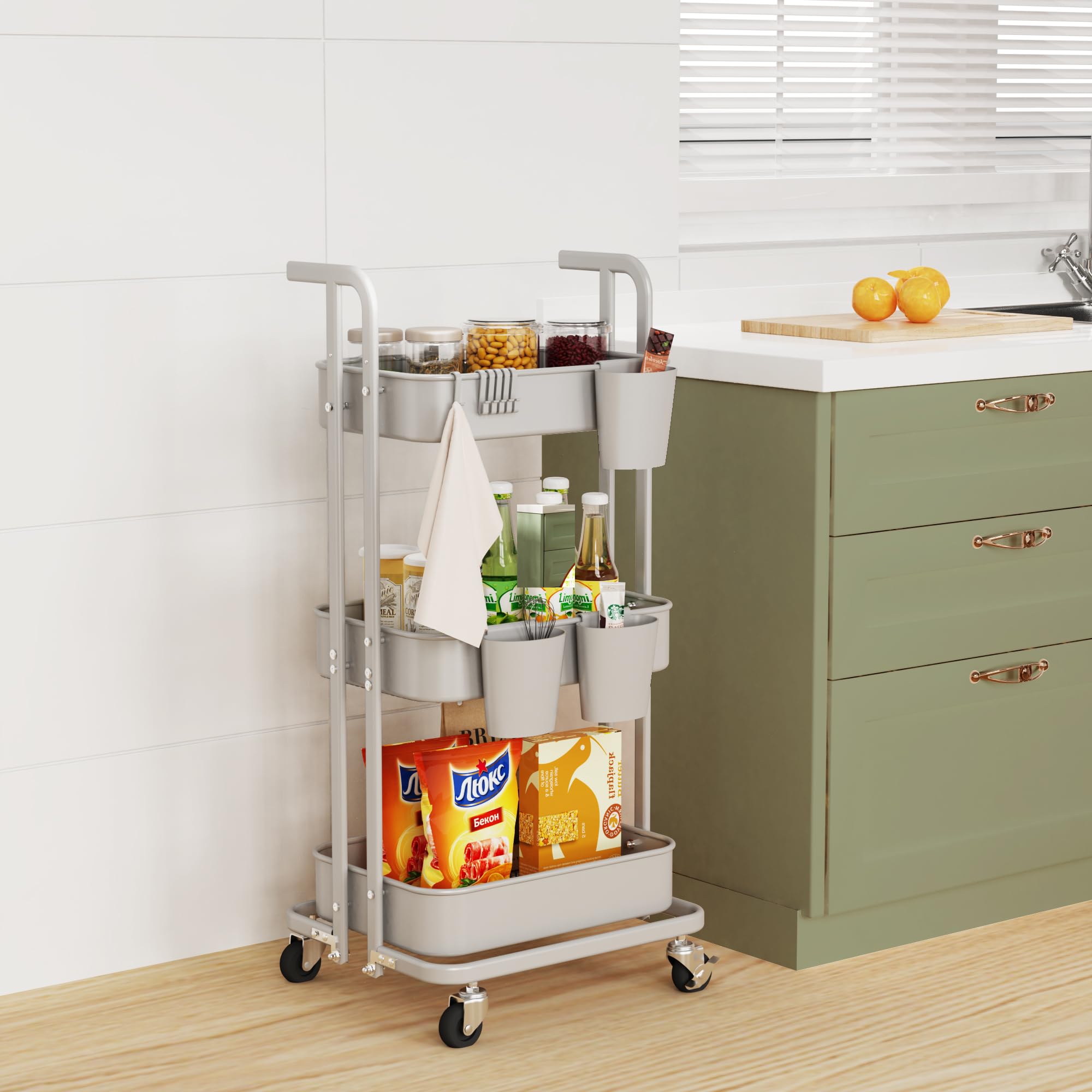 Merapi 3 Tier Foldable Rolling Cart, Metal Utility Cart with Wheels, 3 Hanging Cups and 6 Hooks, Folding Trolley for Living Room, Kitchen, Bathroom, Bedroom and Office, Gray