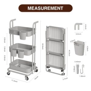 Merapi 3 Tier Foldable Rolling Cart, Metal Utility Cart with Wheels, 3 Hanging Cups and 6 Hooks, Folding Trolley for Living Room, Kitchen, Bathroom, Bedroom and Office, Gray