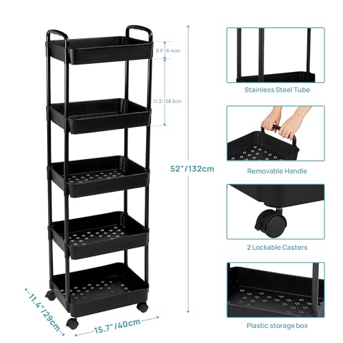 Vtopmart 5 Tier Rolling Cart with Wheels, Detachable Utility Storage Cart with Handle and Lockable Casters, Storage Basket Organizer Shelves, Easy Assemble for Bathroom, Kitchen, Black