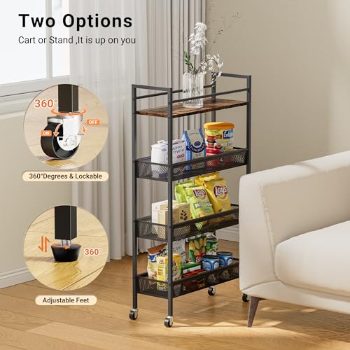 InHomFu Slim Storage Cart, 4 Tier Kitchen Rolling Utility Cart, Narrow Unit Slide Out Cart with Handle, 5.9 Inches Wide, Metal Organization and Storage for Kitchen, Bathroom, Laundry, Black