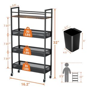 InHomFu Slim Storage Cart, 4 Tier Kitchen Rolling Utility Cart, Narrow Unit Slide Out Cart with Handle, 5.9 Inches Wide, Metal Organization and Storage for Kitchen, Bathroom, Laundry, Black