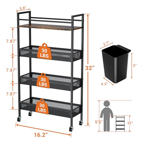 InHomFu Slim Storage Cart, 4 Tier Kitchen Rolling Utility Cart, Narrow Unit Slide Out Cart with Handle, 5.9 Inches Wide, Metal Organization and Storage for Kitchen, Bathroom, Laundry, Black