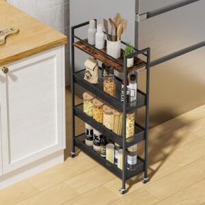 InHomFu Slim Storage Cart, 4 Tier Kitchen Rolling Utility Cart, Narrow Unit Slide Out Cart with Handle, 5.9 Inches Wide, Metal Organization and Storage for Kitchen, Bathroom, Laundry, Black