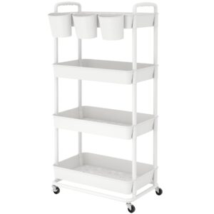 jiuyotree 4-tier plastic rolling storage cart utility cart with extra hanging cups handles lockable wheels for living room bathroom kitchen office white