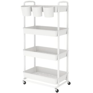 JIUYOTREE 4-Tier Plastic Rolling Storage Cart Utility Cart with Extra Hanging Cups Handles Lockable Wheels for Living Room Bathroom Kitchen Office White