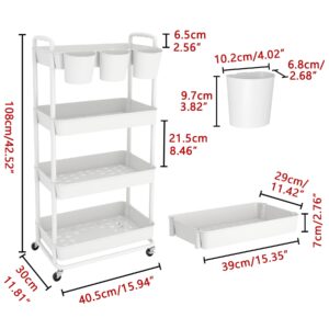 JIUYOTREE 4-Tier Plastic Rolling Storage Cart Utility Cart with Extra Hanging Cups Handles Lockable Wheels for Living Room Bathroom Kitchen Office White