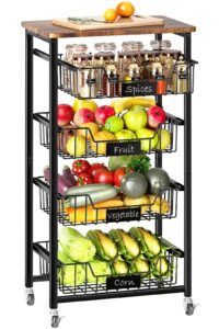 chloryard 5-tier vegetable fruit basket kitchen storage rolling cart on wheels with pull-out baskets and wood top for kitchen diningroom pantry