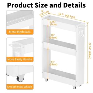 XYZLVSI Slim Storage Cart, 5 in Width, 3-Tier White Rolling Cart with Handle for Kitchen Bathroom Laundry Narrow Places