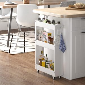 XYZLVSI Slim Storage Cart, 5 in Width, 3-Tier White Rolling Cart with Handle for Kitchen Bathroom Laundry Narrow Places