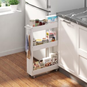 XYZLVSI Slim Storage Cart, 5 in Width, 3-Tier White Rolling Cart with Handle for Kitchen Bathroom Laundry Narrow Places