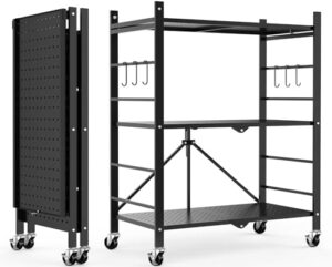 himix storage shelves with 6 hooks, 3 tier foldable shelf with wheels, metal storage shelving unit rolling cart, utility shelf rack organization shelves for garage, pantry, kitchen, room, no assembly