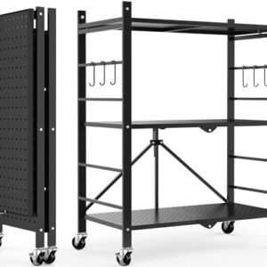 Himix Storage Shelves with 6 Hooks, 3 Tier Foldable Shelf with Wheels, Metal Storage Shelving Unit Rolling Cart, Utility Shelf Rack Organization Shelves for Garage, Pantry, Kitchen, Room, No Assembly