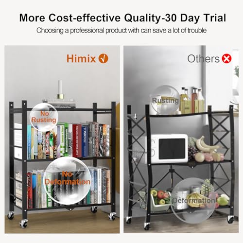 Himix Storage Shelves with 6 Hooks, 3 Tier Foldable Shelf with Wheels, Metal Storage Shelving Unit Rolling Cart, Utility Shelf Rack Organization Shelves for Garage, Pantry, Kitchen, Room, No Assembly