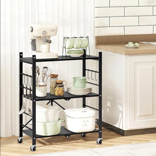 Himix Storage Shelves with 6 Hooks, 3 Tier Foldable Shelf with Wheels, Metal Storage Shelving Unit Rolling Cart, Utility Shelf Rack Organization Shelves for Garage, Pantry, Kitchen, Room, No Assembly