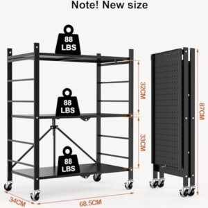 Himix Storage Shelves with 6 Hooks, 3 Tier Foldable Shelf with Wheels, Metal Storage Shelving Unit Rolling Cart, Utility Shelf Rack Organization Shelves for Garage, Pantry, Kitchen, Room, No Assembly